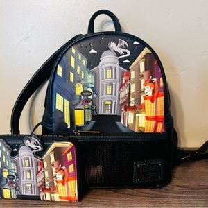Loungefly Harry Potter Diagon Alley Sequin Mini Backpack with matching Wallet.